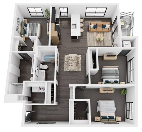 this is a 3d floor plan of a three bedroom apartment at carbon31